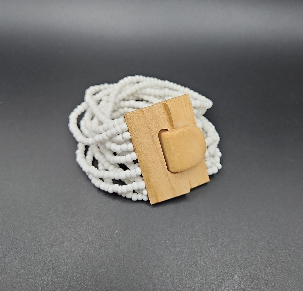 White Seed Bracelet Wooden Clasp